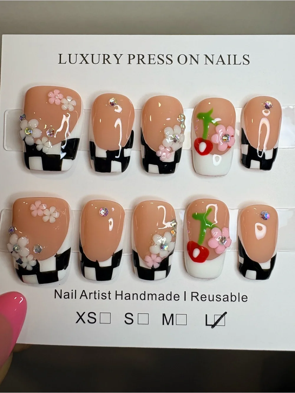 Handmade Press-On Nails with Black Checker & Floral Accents